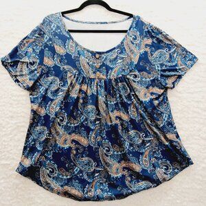 Blouse Size XL Blue Paisley Babydoll Cottagecore Boho Lagenlook Vacation Resort